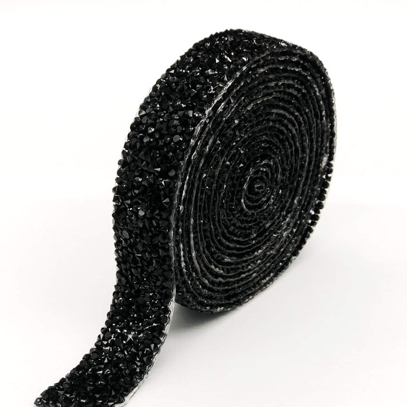 Dowarm Rhinestone Ribbon Roll, Bling Hotfix Rhinestones Mesh Wrap, Sewing Trim for Wedding Party Decoration (Black, 2CM / 0.79inch Width) - Image 1